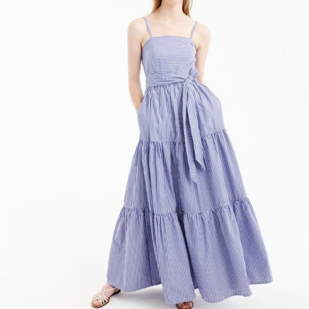 J. Crew Women’s Size 00 Striped Tiered Maxi Dress Sleeveless Blue White